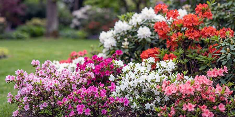 kompozycja ogrodowa z rododendronami, azaliami wielkokwiatowymi i japońskimi