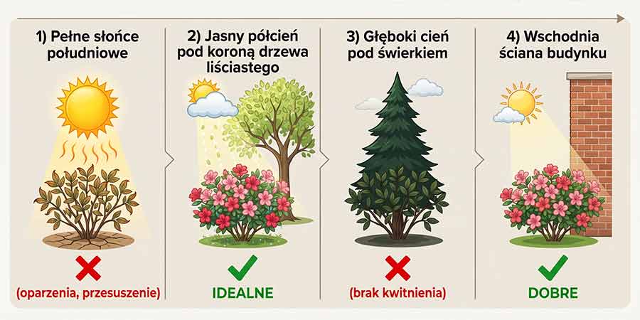 porównanie różnych typów stanowisk dla azalii wielkokwiatowej - infografika