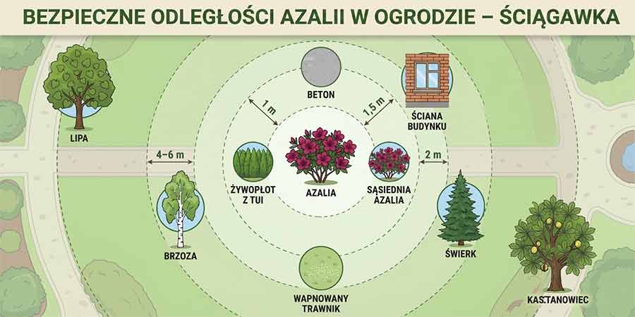 w jakich odstępach sadzić azalie od innych roślin - infografika