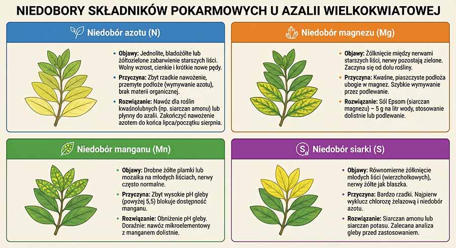 objawy niedoboru składników u azalii wielkokwiatowych - infogrfika