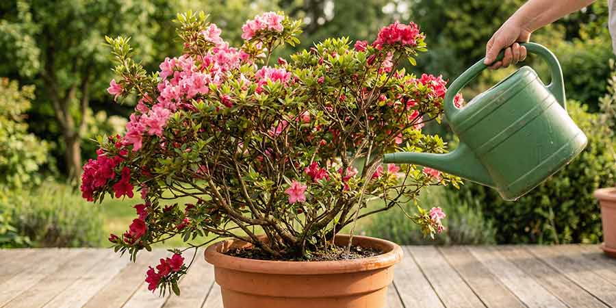 azalia japońska w donicy podlewana wodą z konewki