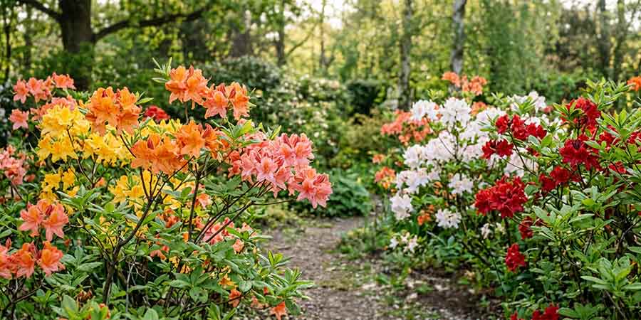 azalie wielkokwiatowe kwitnące w ogrodzie – duże kolorowe 
kwiaty na tle zieleni