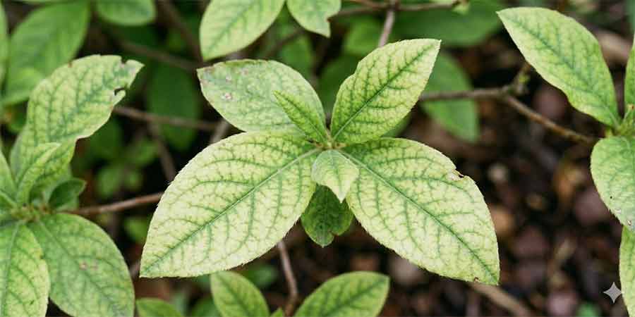 azalia wielkokwiatowa z żółtymi liśćmi – objaw chlorozy 
spowodowanej zbyt wysokim pH