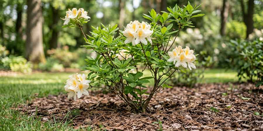 ściółkowanie azalii wielkokwiatowej na zimę – warstwa kory sosnowej