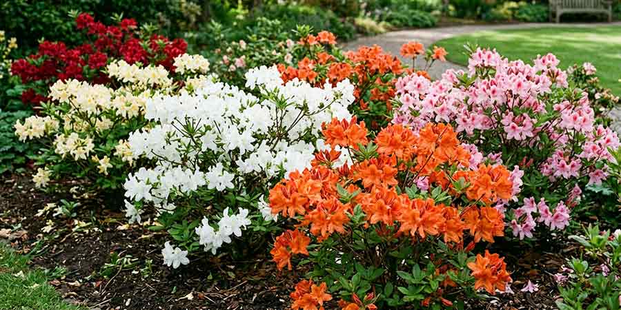 azalie wielkokwiatowe różnych odmian kwitnące w ogrodzie – pełna paleta kolorów