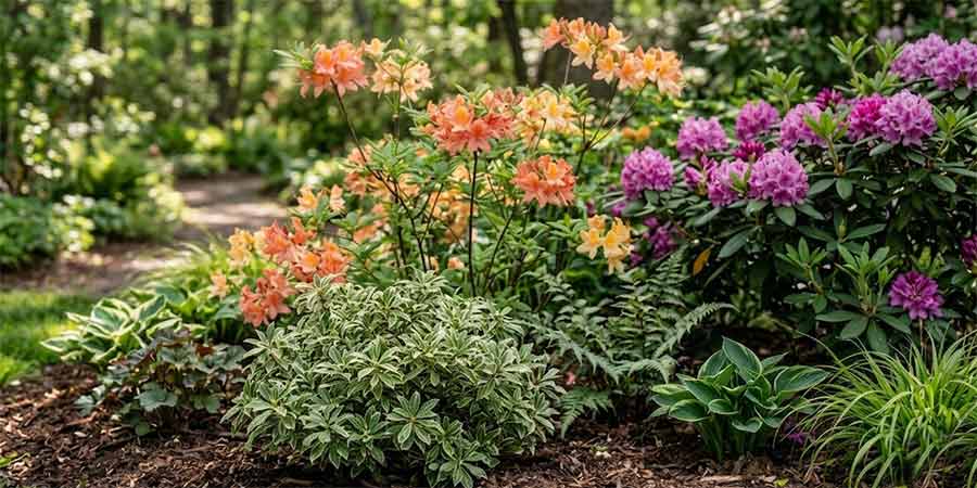 azalie wielkokwiatowe posadzone na rabacie razem z rododendronem i pierisem