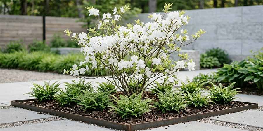 azalie wielkokwiatowe posadzone na rabacie razem z paprociami w ogrodzie nowowczesnym