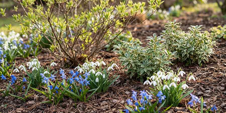 azalie wielkokwiatowe posadzone na rabacie razem z roślinami cebulowymi - przebiśniegami i cebulicami