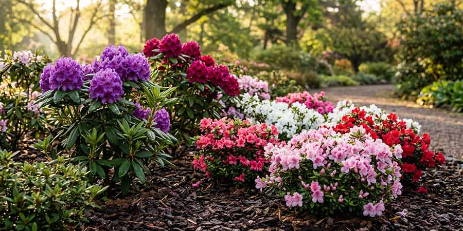 azalie japońskie i rododendrony w pełni kwitnienia na rabacie