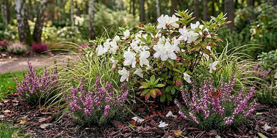 azalie japońskie na rabacie razem z turzycami i kwitnącymi wrzoścami