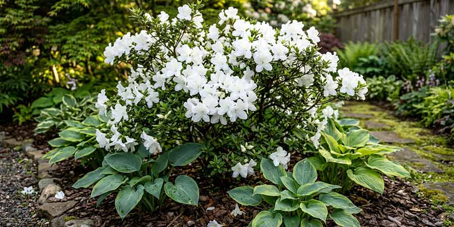 azalie japońskie i funkie posadzone razem na rabacie w ogrodzie