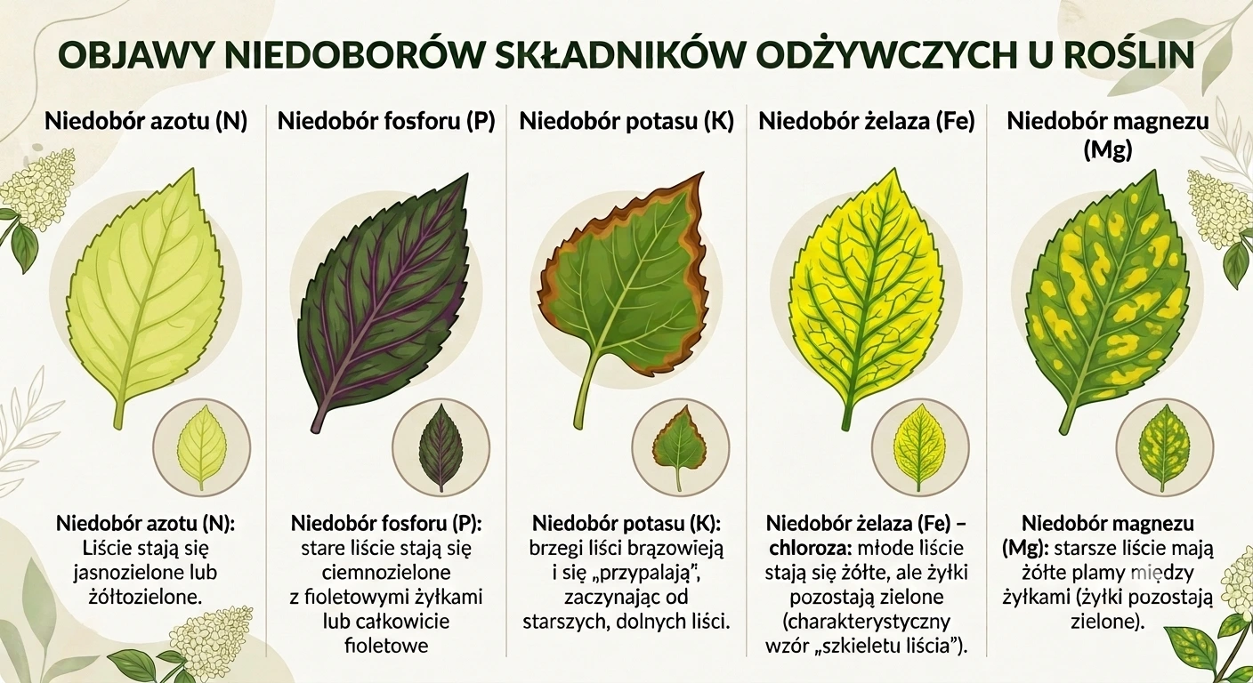 Objawy niedoborów składników pokarmowych u hortensji - infografika