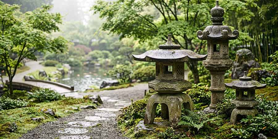 Kamienne latarnie razem a azaliami są nieodłącznym elementem ogrodu japońskiego