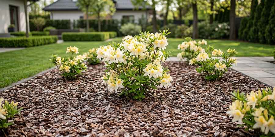 azalia wielkokwiatowe na rabacie wyściółkowanej korą sosnową