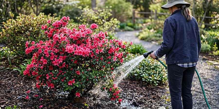 jak podlewać azalię japońską – podlewanie podłoża wokół azalii, nie po liściach