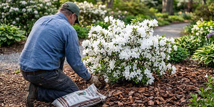 ściółkowanie azalii japońskiej korą sosnową – gruba warstwa kory ogranicza parowanie