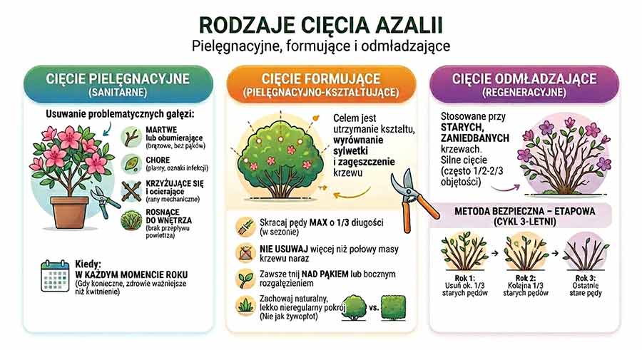 przycinanie azalii wielkokwiatowych – rodzaje cięcia infografika