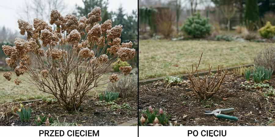 hortensja bukietowa przed i po cięciu wiosennym - marzec, do 2-3 pąków