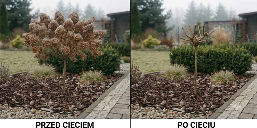 hortensja bukietowa na pniu przed i po cięciu wiosennym