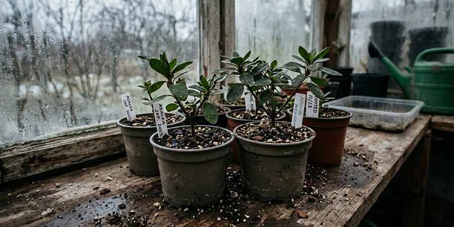 sadzonki azalii japońskich w doniczkach zimowane w nieogrzewanym pomieszczeniu