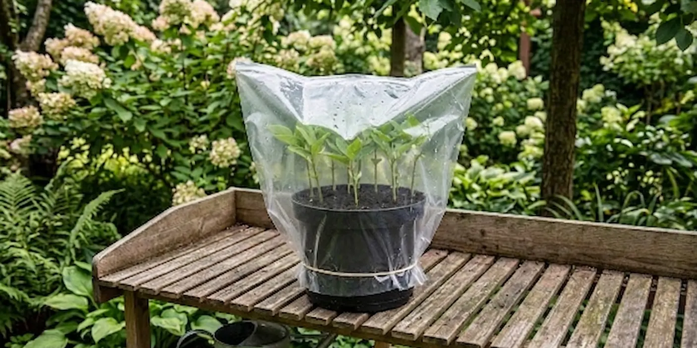 sadzonki hortensji bukietowej ukorzeniane w doniczce pod folią