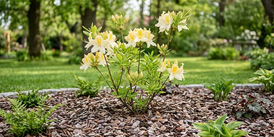 Azalia wielkokwiatowa posadzone na rabacie i wyściółkowana korą