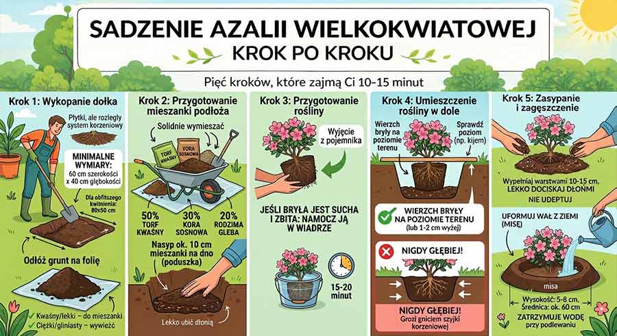 jak prawidłowo posadzić azalię wielkokwiatową – infografika