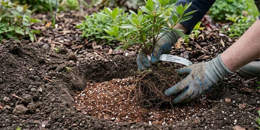 przygotowanie stanowiska pod azalię wielkokwiatową – wykopany dół wypełniony kwaśną mieszanką