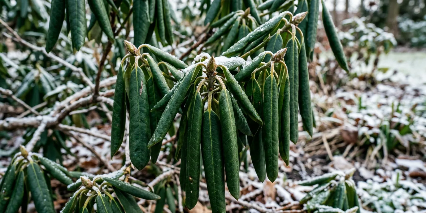 rododendron w zimie - liście zwinięte w rurki