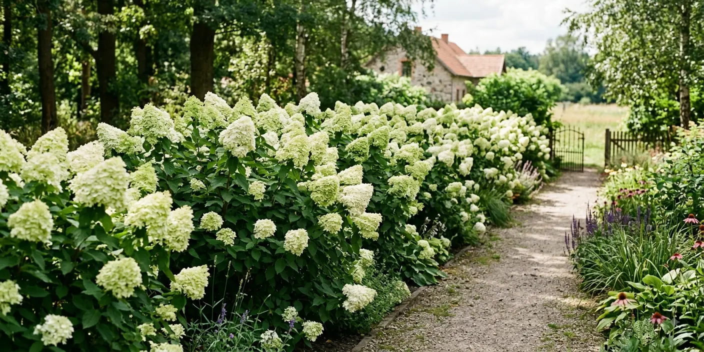 Żywopłot z hortensji bukietowej 'Limelight' w ogrodzie